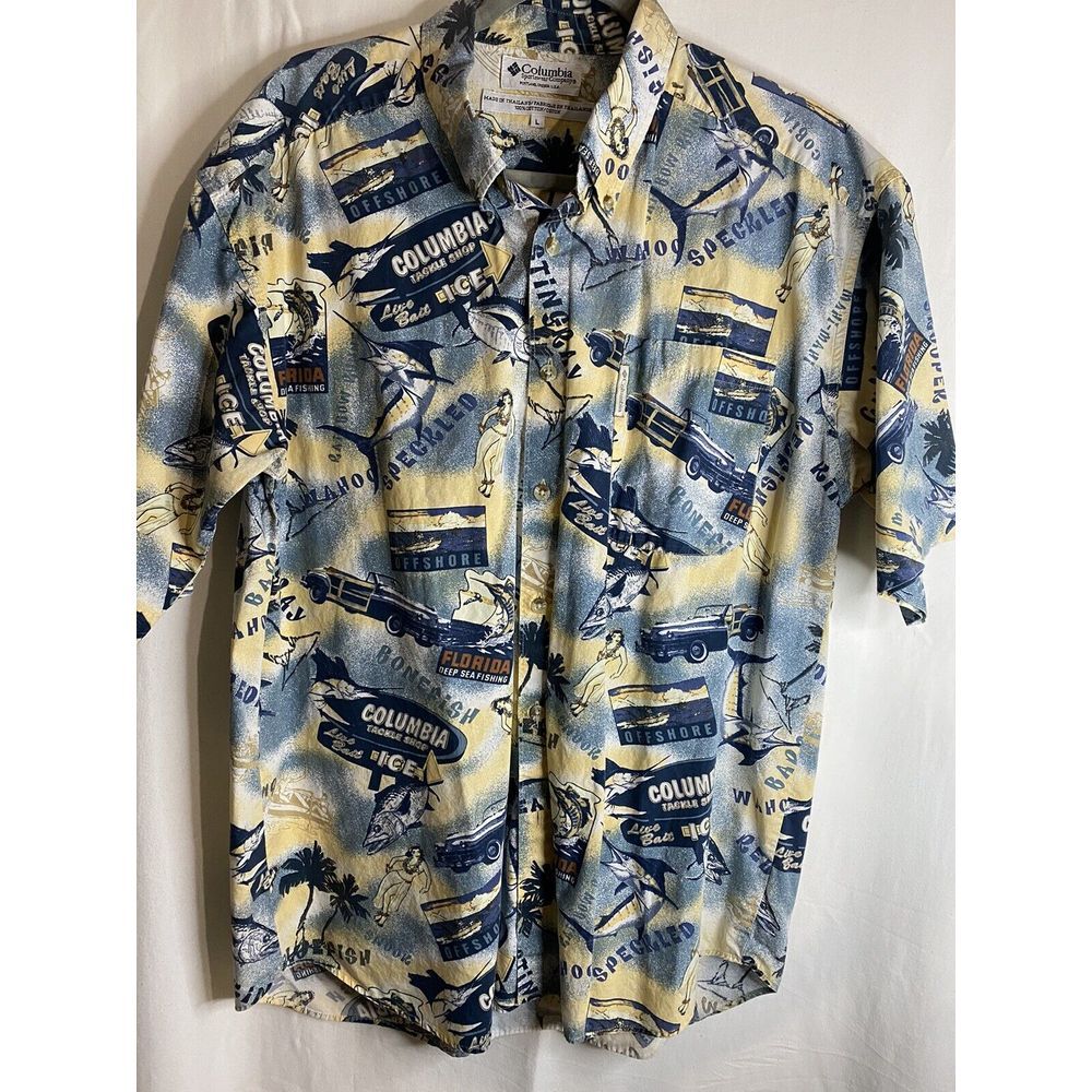Columbia Men's Hawaiian Button Up Short Sleeve Shirt‎ Size L Yellow Marlins.
